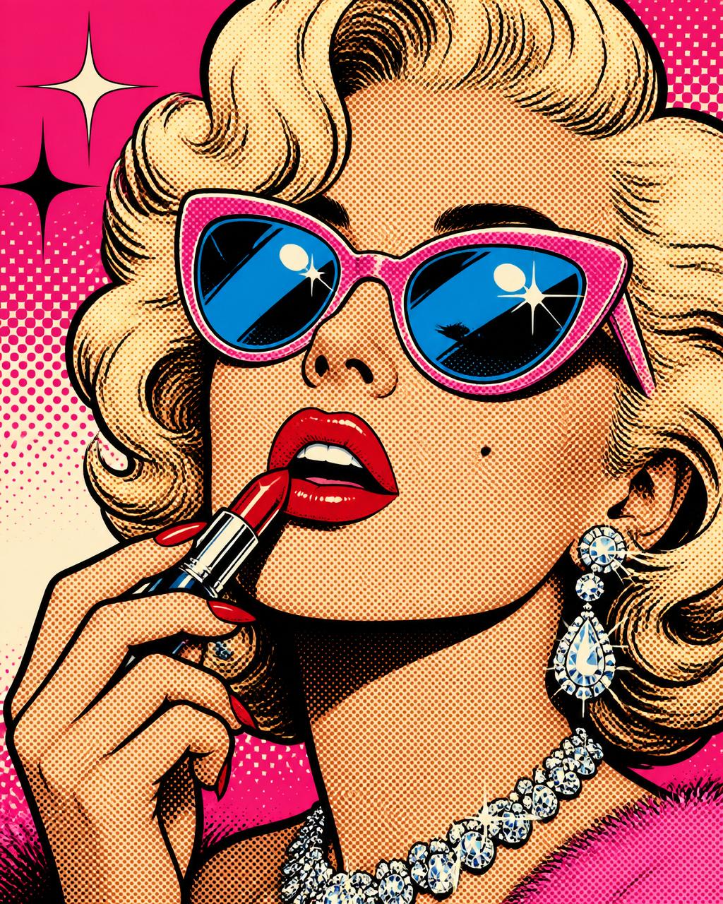 Pop-art illustration of a glamorous woman in cat-eye sunglasses