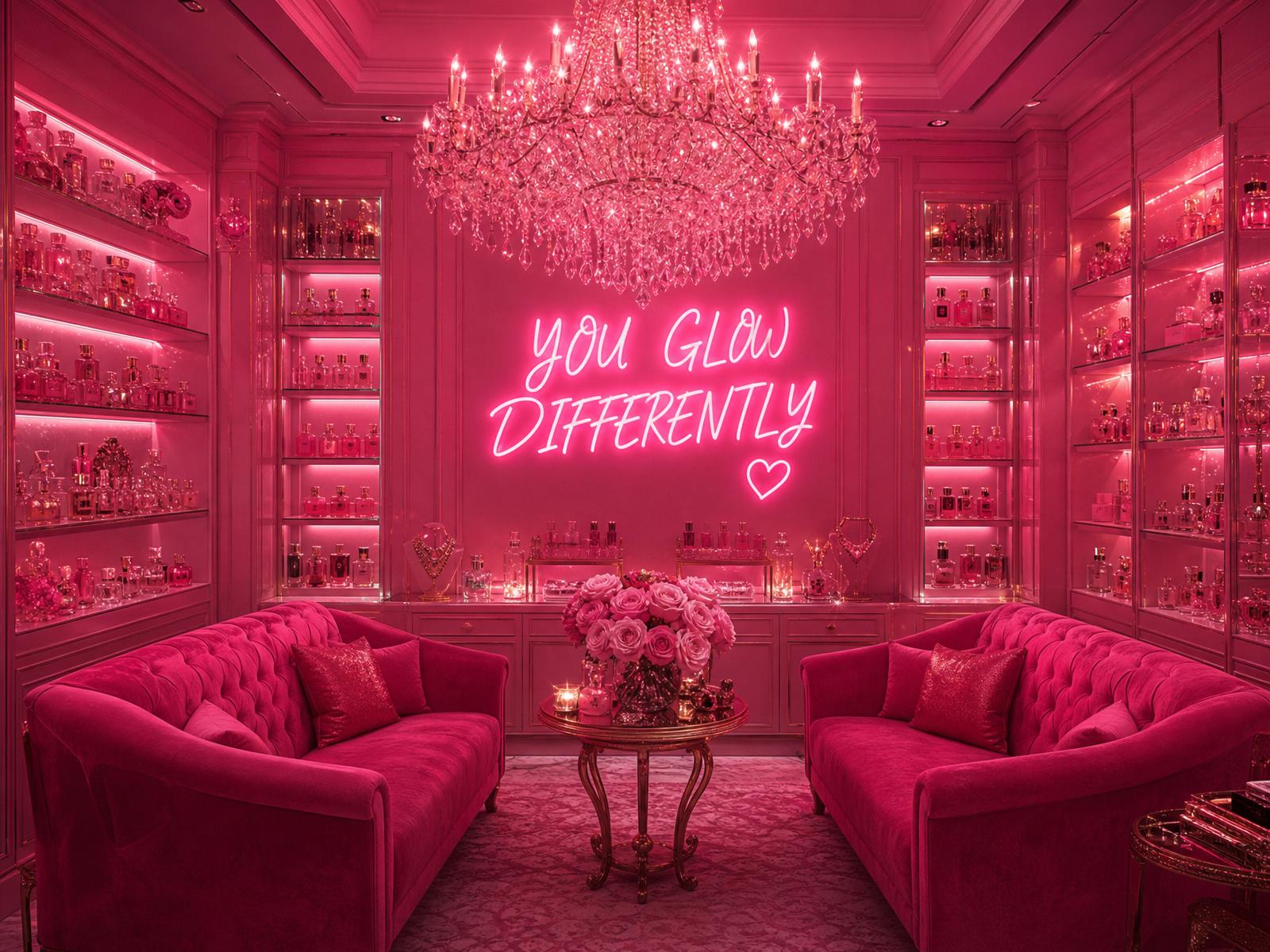 You Glow Differently — pink boutique interior with chandelier