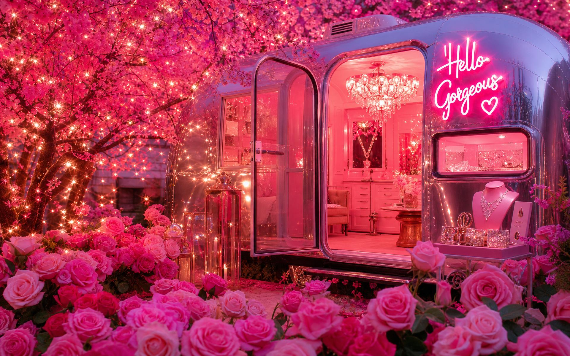 Sha Choix boutique — pink cherry blossoms and airstream jewelry store with Hello Gorgeous neon sign